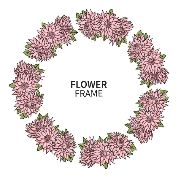 Πλαίσιο λουλουδιών χρυσάνθεμο. Εκτύπωση floral στεφάνι για ευχετήρια κάρτα και πρόσκληση. Πανέμορφο μπουκέτο με ροζ Asters. Γάμος, μητέρες ημέρα και άλλο θέμα διακοπών. — Διανυσματικό Αρχείο
