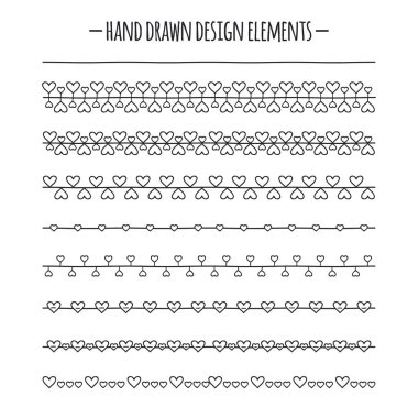 Romantik fırçalar. Kalp ile sınır. Elle çizilmiş vektör çizgi kenarlık kümesi. Tasarım öğesi. Sevgililer günü. Trendy doodle stili.
