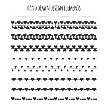 Romantik fırçalar. Kalp ile sınır. Elle çizilmiş vektör çizgi kenarlık kümesi. Tasarım öğesi. Sevgililer günü. Trendy doodle stili.