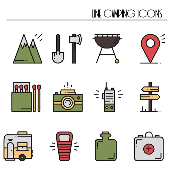 Yürüyüş ve satır Icons Set kamp. Açık kampı işareti ve sembolü. Sırt çantasıyla macera. Kamp malzeme ve aksesuarları. — Stok Vektör