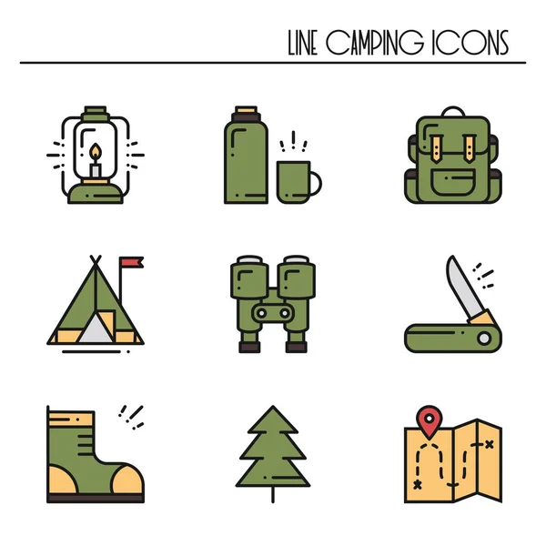 Hiking and Camping Line Icons Set. Outdoor Camp Sign and Symbol. Backpacking Adventure. Camping Stuff and Accessories. — Stock Vector