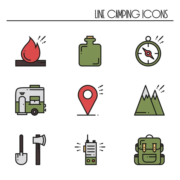 Ensemble d'icônes pour la randonnée et le camping. Signe et symbole de camp extérieur. Randonnée Aventure. Camping trucs et accessoires . — Image vectorielle