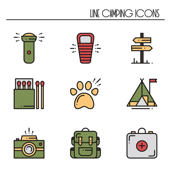 Hiking and Camping Line Icons Set. Outdoor Camp Sign and Symbol. Backpacking Adventure. Camping Stuff and Accessories. — Stock Vector