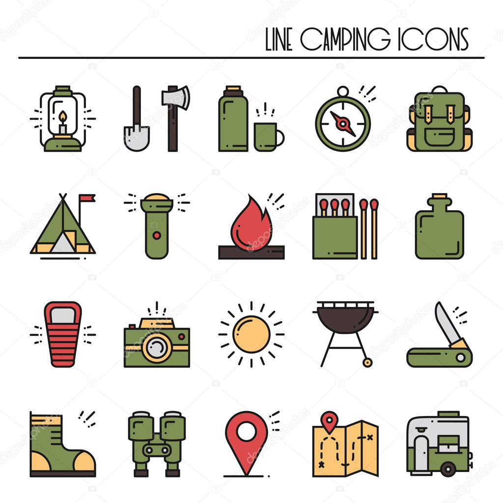 Hiking and Camping Line Icons Set. Outdoor Camp Sign and Symbol. Backpacking Adventure. Camping Stuff and Accessories