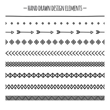Kabile fırçalar. Sınır. Etnik elle çizilmiş vektör çizgi kenarlık kümesi. Tasarım öğesi. Yerel fırçalar. Aztek geometrik vintage moda desen tasarımı için. Trendy doodle stili.