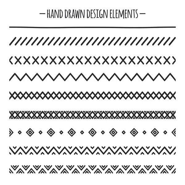 部族のブラシ。境界線。民族の手描きベクトル線枠セット。デザイン要素。ネイティブのブラシ。アステカの幾何学的なヴィンテージのファッション デザインのパターン。トレンディな落書きスタイル. — ストックベクタ
