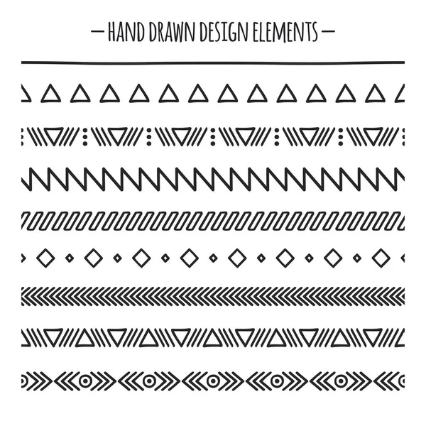 Tribal brushes. Border. Ethnic hand drawn vector line border set. Design element. Native brushes. Aztec geometric vintage fashion pattern for design. Trendy doodle style. — Stock Vector