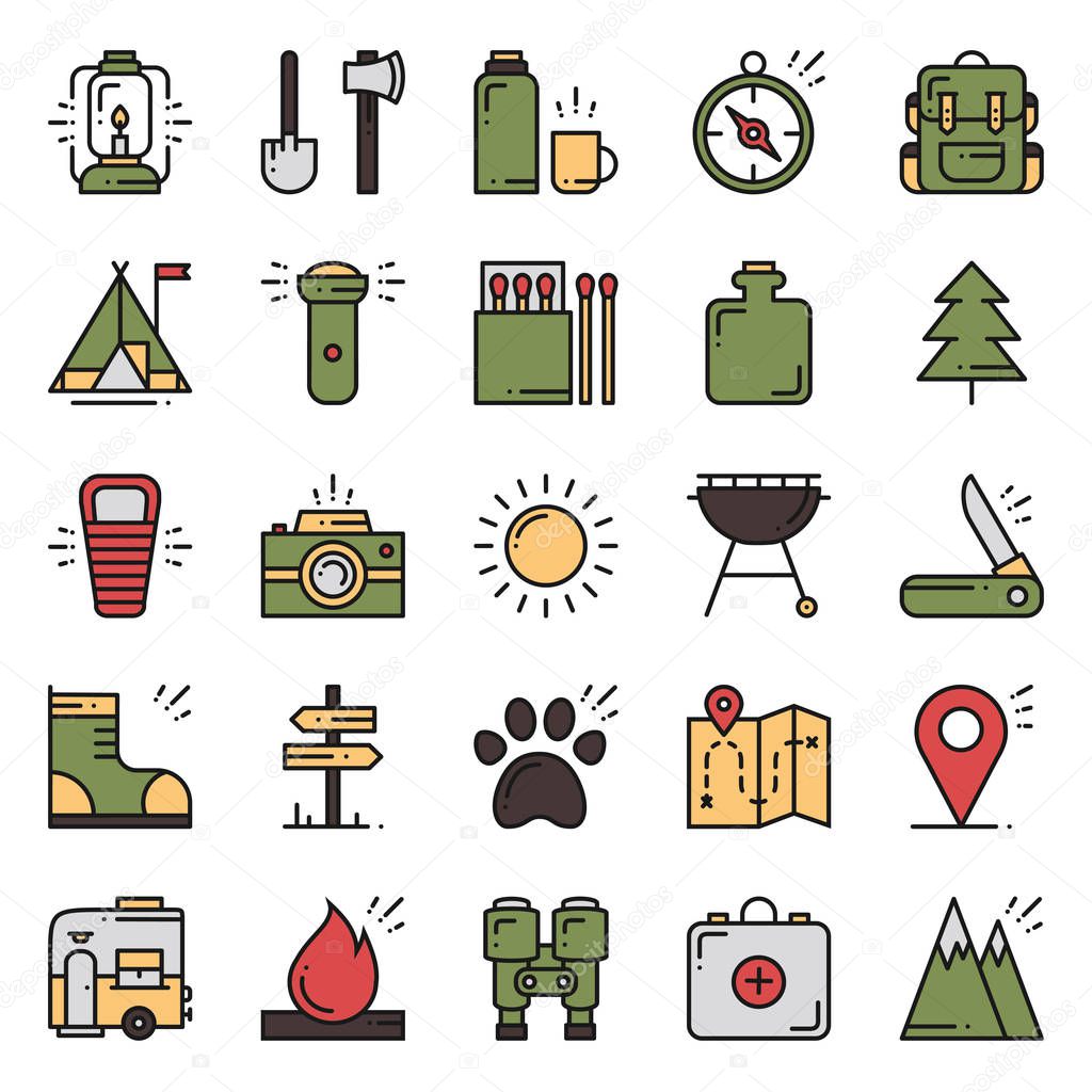 Hiking and Camping Line Icons Set. Outdoor Camp Sign and Symbol. Backpacking Adventure. Camping Stuff and Accessories.