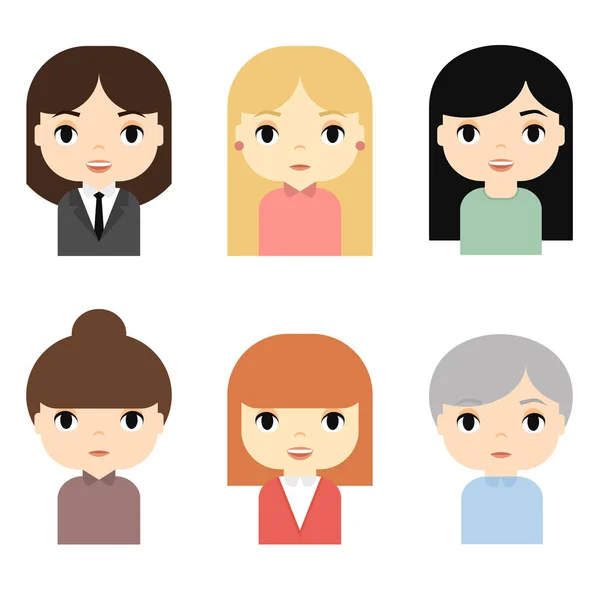 Nő avatar beállítása, mosolygós arcok. Női rajzfilmfigurák. Üzletasszony. Gyönyörű emberek ikonok. — Stock Vector