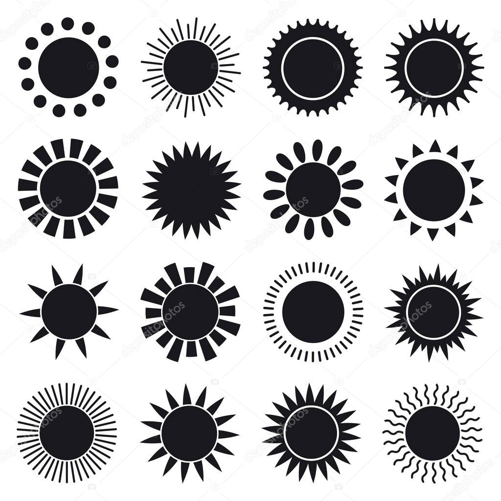 Simple Sun Icons. Sign and Symbol. Black Silhouette.