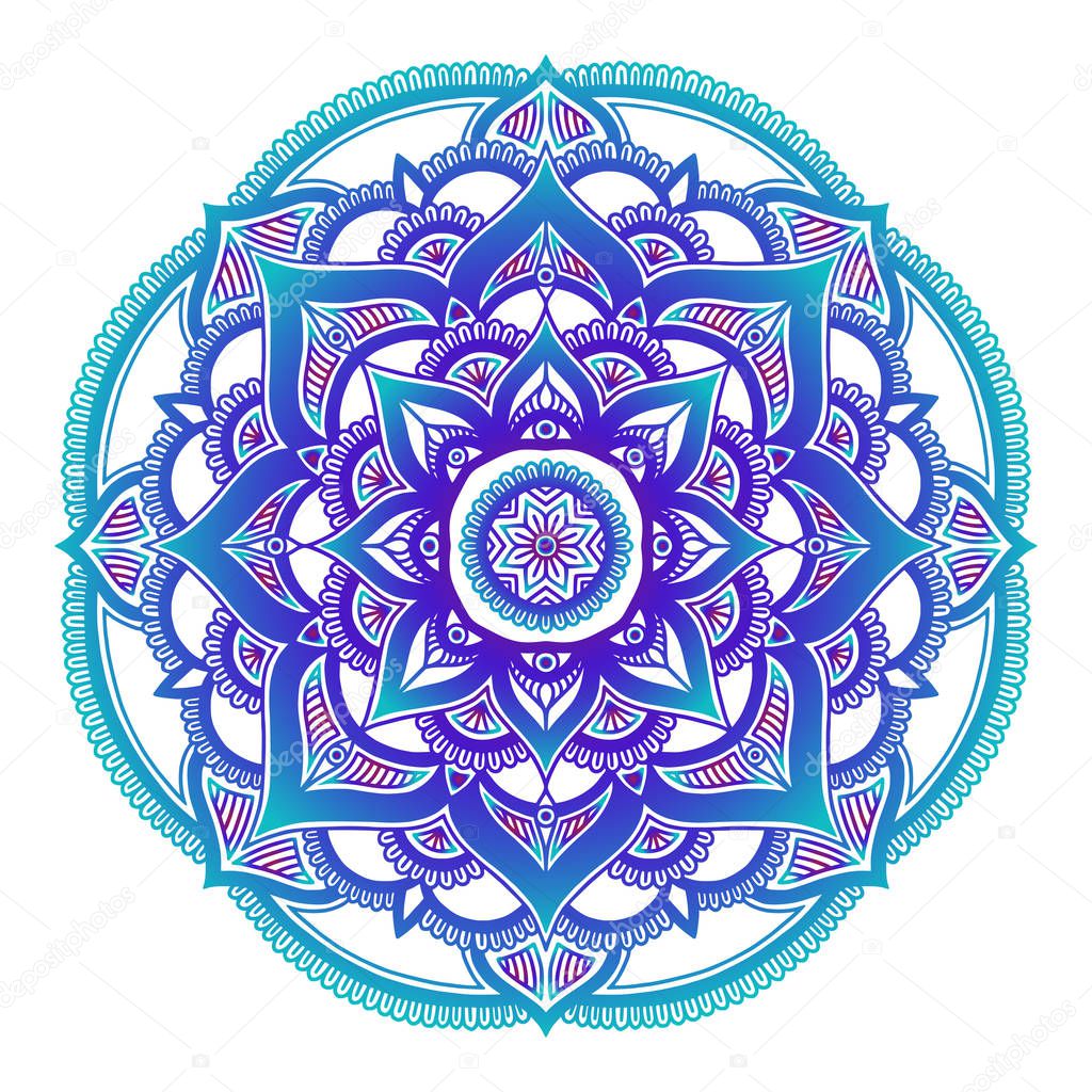 Gradient mandala. Circle ethnic ornament. Hand drawn traditional indian round element. Spiritual meditation yoga henna theme. Unique print. Template for design.