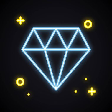 Neon elmas, mavi renkte parlak bir işaret. Parlak mücevher. Retro parlayan mücevher. Hafif değerli taş. Takı.