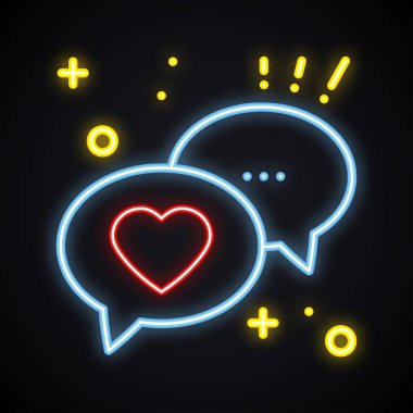 Retro neon mesaj işareti. Parlak konuşma balonu kalp ile. Hafif konuşma sohbet iletişim. Sevgililer günü sembolü. Parlayan aşk, kaç, ilişki, tatil, romantik Tema.