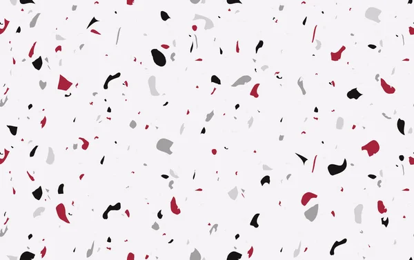 Terrazzo pattern design. Granite textured shapes. Marble surface. Mosaic floor. Vector background in grey colors with red accents. — Stock Vector