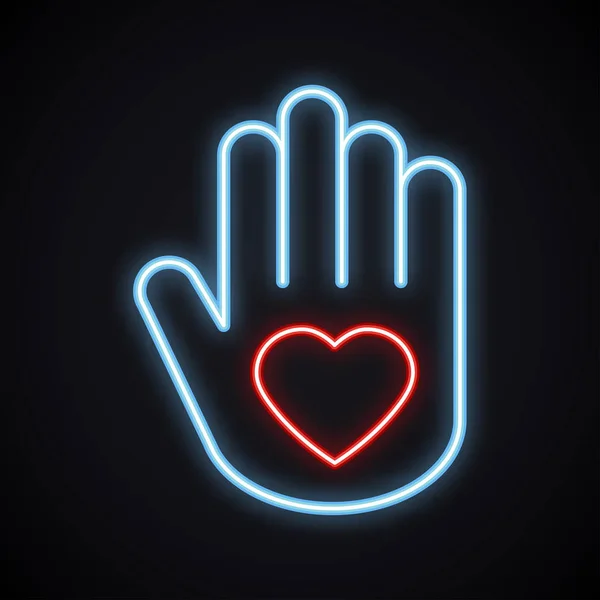 Glowing neon hand with heart sign. Bright charity symbol. Light love, relationship, peace, volunteer, help, care protection, support theme. — Stock Vector