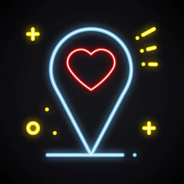 Neonfarbenes Ortsschild auf dunklem Hintergrund. Kartenzeiger-Symbol. Navigation. Leuchtende Herzform. — Stockvektor