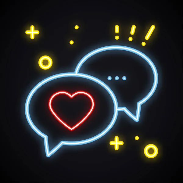 Retro neon message sign. Bright speech bubble with heart. Light conversation chat dialog. Valentines day symbol. Glowing love, couple, relationship, holiday, romantic theme. — Stock Vector