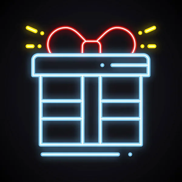 Coffret cadeau néon avec ruban signe. Prix, cadeau, gagner, bonus, récompense, thème boîte cadeau. Joyeux anniversaire symbole lumineux . — Image vectorielle