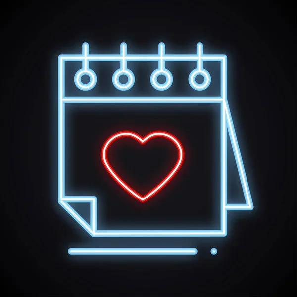 Calendrier néon réaliste avec signe cardiaque. Rappel lumineux. Bright Happy Valentines symbole de la fête. Amour, couple, relation, datation, jour du mariage, thème de la date . — Image vectorielle