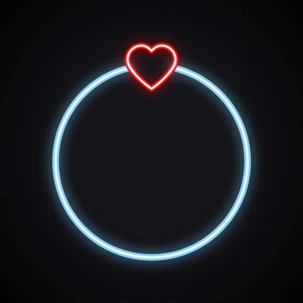 Neon Ehering mit Herz. leuchtender brillanter Verlobungsring auf dunklem Hintergrund. leuchtendes Schmucksymbol. Liebe, Hochzeit, Heiratsthema. — Stockvektor