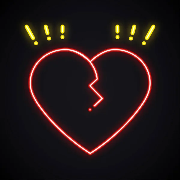 Neon gebroken hart teken. Lichte echtscheiding symbool. Heartbreak, verraad, uiteenvallen helder thema. — Stockvector