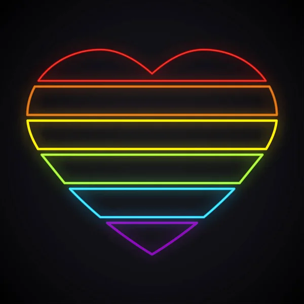 Segno cardiaco arcobaleno neon LGBT. Luminoso simbolo dell'orgoglio gay. Comunità LGBT incandescente . — Vettoriale Stock