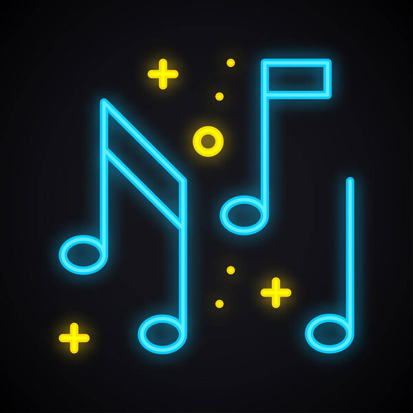 Neon music note sign. Glowing karaoke music symbol. Club, record, disco, dance, DJ party theme.