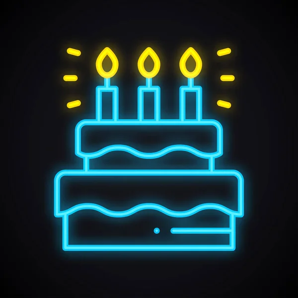 Plaque gâteau au néon avec bougies. Dessert pâtissier léger. Lumineux joyeux anniversaire symbole lumineux . — Image vectorielle