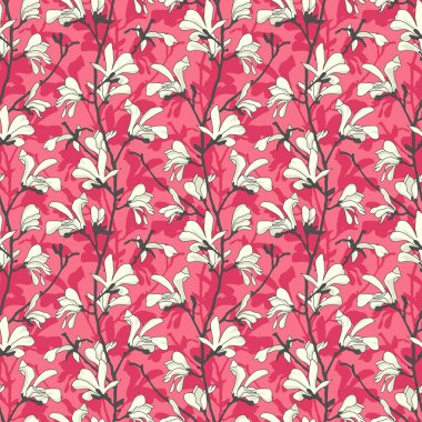 Dal ve beyaz manolya çiçek ile pembe çiçek arka plan. Manolya ağacı çiçeği ile dikişsiz desen. Çiçek elemanları ile bahar tasarımı. El çizilmiş botanik illüstrasyon.