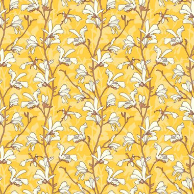 Yellow floral background with branch and white magnolia flower. Seamless pattern with magnolia tree blossom. Spring design with floral elements. Hand drawn botanical illustration.