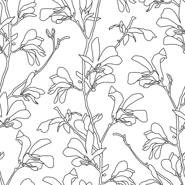 Naadloos patroon met magnolia boom bloesem. Florale achtergrond met tak en Magnolia bloem. Voorjaar ontwerp met grote florale omtrek elementen. Hand getekende botanische illustratie. — Stockvector