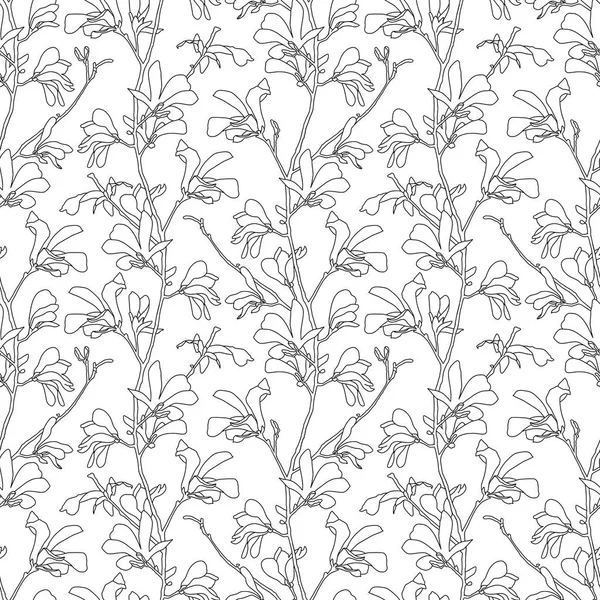 Seamless pattern with magnolia tree blossom. Floral background with branch and magnolia flower. Spring design with big floral outline elements. Hand drawn botanical illustration. — Stock Vector