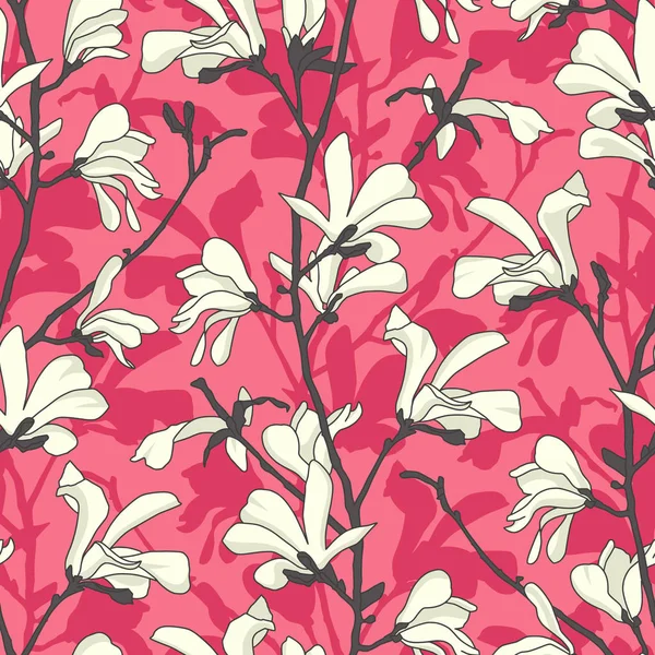 Nahtloses Muster mit Magnolienblüte. rosa floraler Hintergrund mit Zweig und weißer Magnolienblüte. Frühlingsdesign mit großen floralen Elementen. handgezeichnete botanische Illustration. — Stockvektor