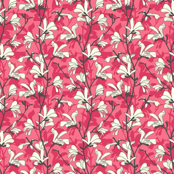 Rosa floraler Hintergrund mit Zweig und weißer Magnolienblüte. nahtloses Muster mit Magnolienblüte. Frühlingsdesign mit floralen Elementen. handgezeichnete botanische Illustration. — Stockvektor