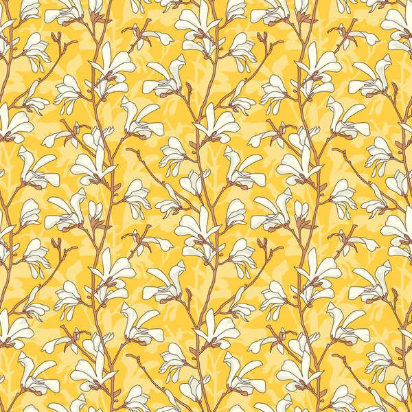 Yellow floral background with branch and white magnolia flower. Seamless pattern with magnolia tree blossom. Spring design with floral elements. Hand drawn botanical illustration. — Stok Vektör