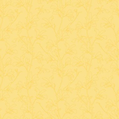 Manolya ağacı çiçeği ile dikişsiz desen. Dal ve manolya çiçeği ile sarı çiçek arka plan. Büyük çiçek elemanları ile bahar tasarımı. El çizilmiş botanik illüstrasyon.