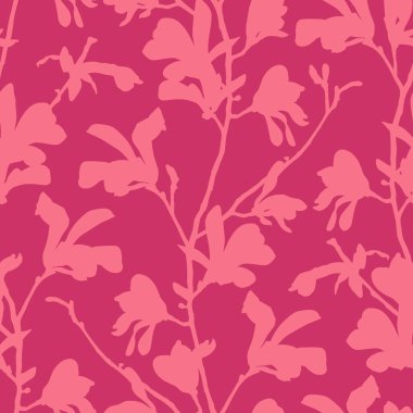 Manolya ağacı çiçeği ile dikişsiz desen. Dal ve manolya çiçeği ile pembe çiçek arka plan. Büyük çiçek elemanları ile bahar tasarımı. El çizilmiş botanik illüstrasyon.