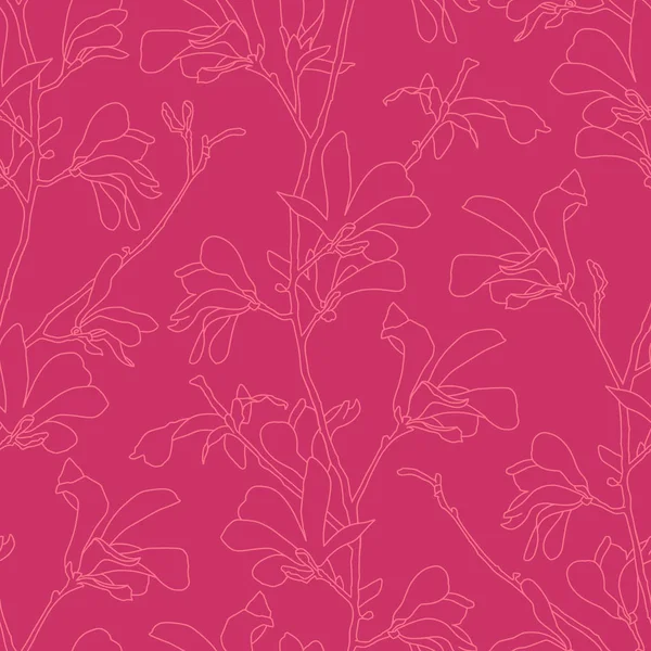 Problemfri mønster med magnolia træ blomstre. Pink blomstret baggrund med gren og magnolia blomst. Forår design med store blomster elementer. Håndtegnet botanisk illustration . – Stock-vektor