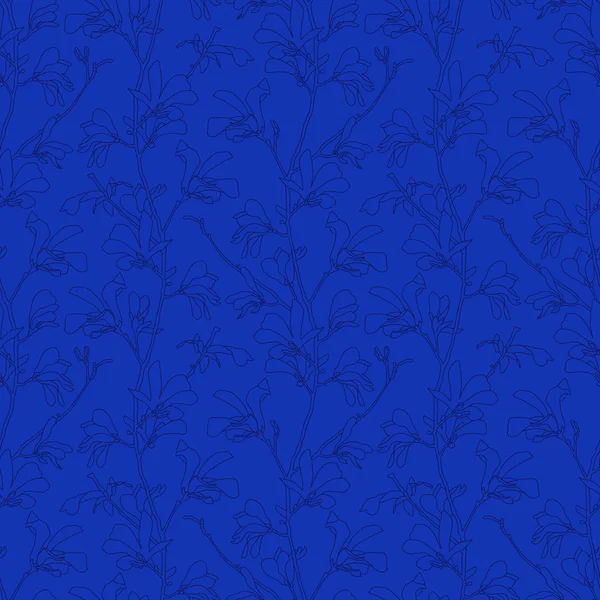 枝とマグノリアの花と青い花の背景。マグノリアの木の花とシームレスなパターン。花の要素を持つ春のデザイン。手描きのボタニカルイラスト. — ストックベクタ