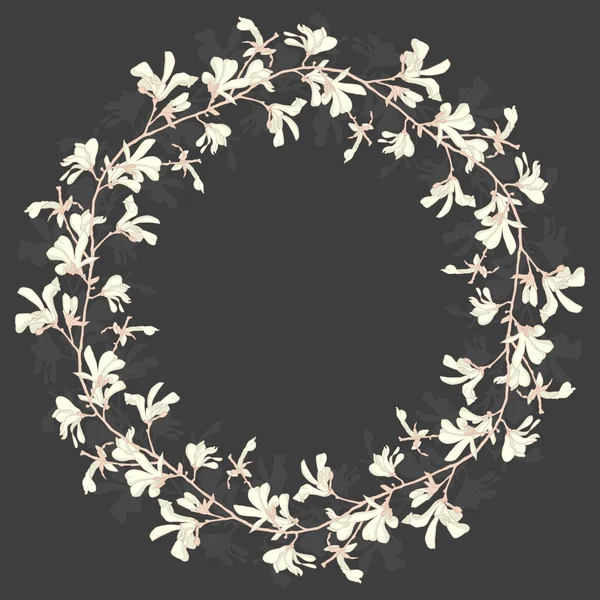 Floral frame met magnolia boom bloesem in zwart-wit. Donkere achtergrond met tak en Magnolia bloem. Lente krans ontwerp met florale elementen. Hand getekende botanische illustratie. — Stockvector