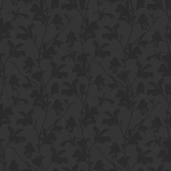 Kwiatowy tło z gałęzi i kwiat magnolii w czerni. Bezszwowy wzór z kwitnącej drzewa magnolii. Ciemny Design z elementami kwiatowymi. Ręcznie rysowane ilustracji botanicznych. — Wektor stockowy