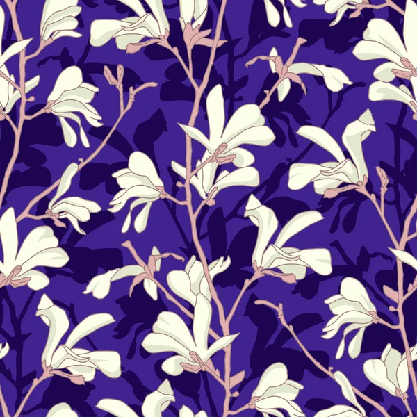 Seamless pattern with magnolia tree blossom. Purple floral background with branch and white magnolia flower. Spring design with big floral elements. Hand drawn botanical illustration. — Stock Vector