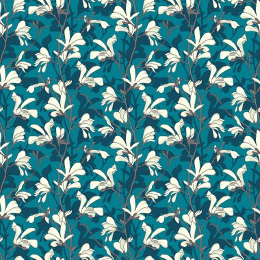 Manolya ağacı çiçeği ile dikişsiz desen. Dal ve beyaz manolya çiçek ile yeşil çiçek arka plan. Büyük çiçek elemanları ile bahar tasarımı. El çizilmiş botanik illüstrasyon.