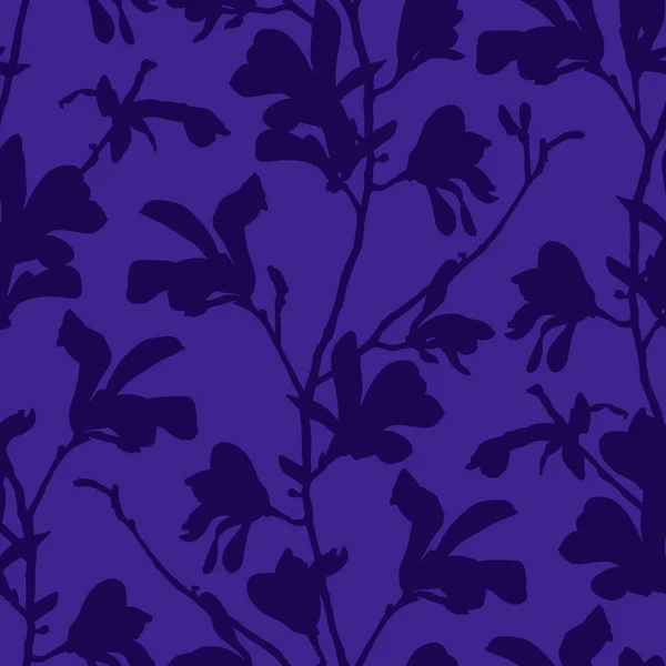 Lila blumiger Hintergrund mit Zweig und Magnolienblüte. nahtloses Muster mit Magnolienblüte. Frühlingsdesign mit floralen Elementen. handgezeichnete botanische Illustration. — Stockvektor