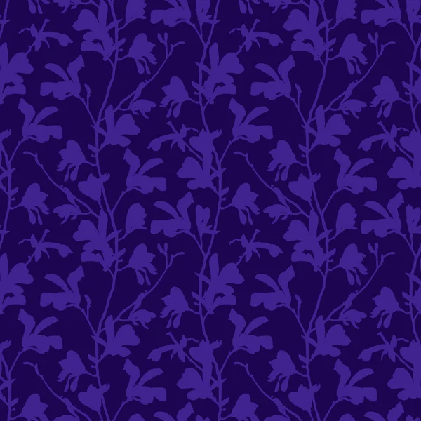 枝とマグノリアの花と紫の花の背景。マグノリアの木の花とシームレスなパターン。花の要素を持つ春のデザイン。手描きのボタニカルイラスト. — ストックベクタ