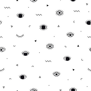 Psychedelic gözleri ve geometrik şekiller ile Memphis desen. 90s 80s tarzında moda arka plan. Doğrusal tasarım. Üçgen, zikzak, grafik elemanları, açık ve kapalı gözler. Siyah beyaz çizgi sanatı.