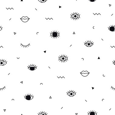 Psychedelic gözleri, dudakları ve geometrik şekiller ile Memphis desen. 90s 80s tarzında moda arka plan. Doğrusal tasarım. Üçgen, zikzak, grafik elemanları, açık gözler. Siyah beyaz çizgi sanatı.