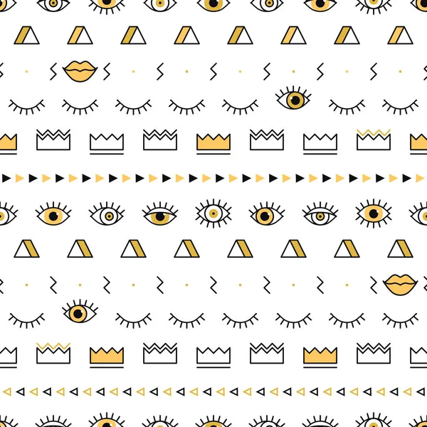 Memphis pattern with psychedelic eyes, lips and geometric shapes. Fashion background in 90s 80s style. Yellow linear design. Triangle, zigzag, open eyes, crown and other graphic elements. Line art. — Stock Vector