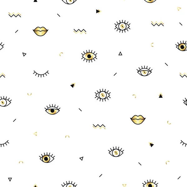Memphis pattern with psychedelic eyes, lips and geometric shapes. Fashion background in 90s 80s style. Golden linear design. Triangle, zigzag, open eyes and other graphic elements. Line art. — Stock Vector