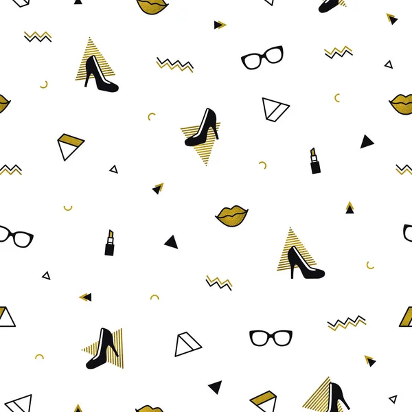 Modello Memphis con scarpe tacco alto nero, labbra, occhiali da sole e forme geometriche dorate. Sfondo moda in stile anni '90 anni' 80. Triangolo, zig-zag e altri elementi grafici. Design lineare oro . — Vettoriale Stock